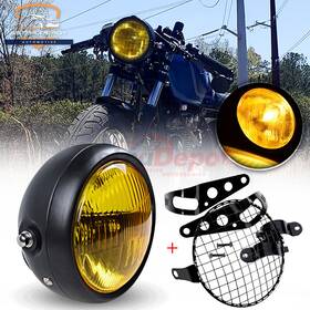 Astradepot 934669119325 6.5 Inch Yellow Motorcycle Headlight Bucket Halogen Glass Lens Grill Side Bracket