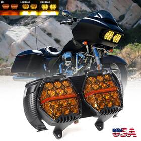 Deabuy 754137413980 Yellow Dual Led Headlight Hi-low Drl Sealed For Harley Road Glide Fltr 2015-2024