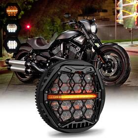 Llx 754137412068 5.75 Inch 5-3/4 Led Headlight Honeycomb Lens With Amber Drl For Harley Night Rod