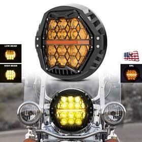 Mot 692090768016 7ftft Led Headlight Yellow Cover Hi-lo Beam Amber Drl For Harley Touring Road King