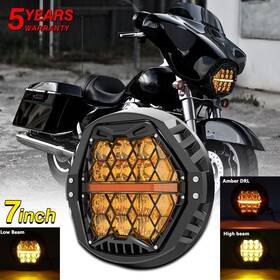 Mot 717931382654 7ftft Round Led Headlight Yellow Lens Amber Drl For Harley Street Glide Flhx 2006