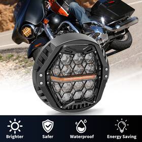 Mot 754137410736 7ftft Round Led Headlight Hi-low Beam Amber Drl For Harley Street Glide Flhx Flhxs