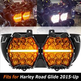 Drsb166hloo18 Oumurs Dual Led Headlamp Headlight Projector Hi-lo Amber Drl For Harley Road Glide 15