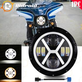 Fity-led-7y013-1 Ridroid 7 Inch Led Headlight H4&x Shape Halo Ring Amber/white For Harley Motorcycle