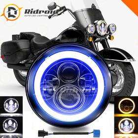Ridroid-led-7y19-1 Ridroid Chrome 7 Inch Led Headlight Hi/low Beam Blue Halo For Harley Street Glide Flhx