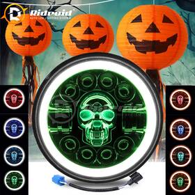 Vp-led-7y16-1 Ridroid Halloween Decorations For Harley Motor Rgb Skull 7 Inch Led Headlight H4 Halo Ring