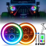 Pair 7" Inch Rgb Led Headlights Halo Angel Eyes For Jeep Wrangler Jk Lj Tj Cj. Fixed Price $57.99.