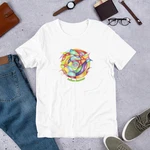 Indian Summer White T-shirt Hand Drawn Art Tee, Warm Sunset Colors Unisex. Fixed Price $24.00.